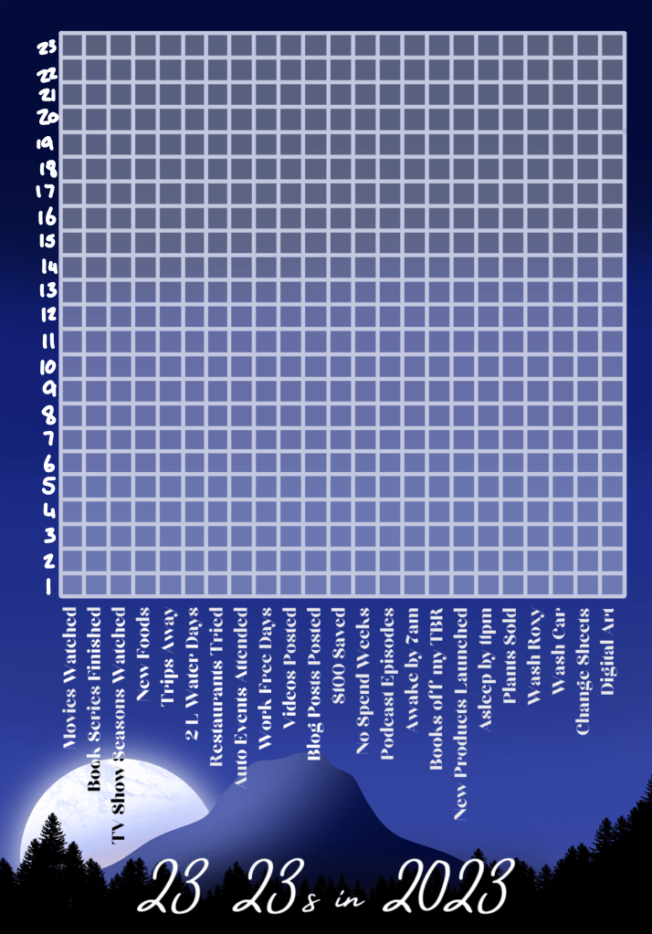 Image Description
Title: 23 23s in 2023
Background includes a single mountain with a line of trees in front and a large bright moon is rising from behind the mountain. This spread has a grid 23 by 23 with numbers up the side and a list of tasks along the bottom. As a task is completed a space on the grid will be filled in. Please find the list of items in the text below.