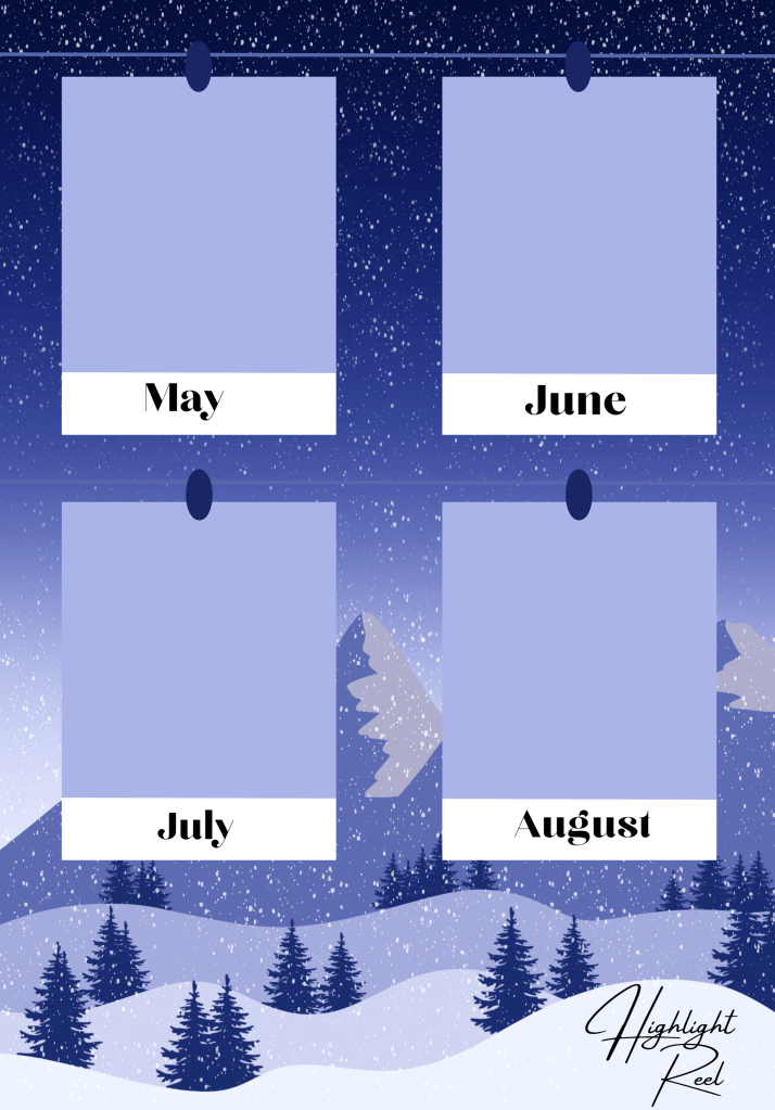 Image Description
Title: Highlight Reel
Snowy mountain scene with scattered trees int he foreground and falling snow. Two strings are across the page with with two polaroid picture looking shapes pegged to each string. The name of the month is listed in the white section at the bottom of the polaroid. This one features May to August.