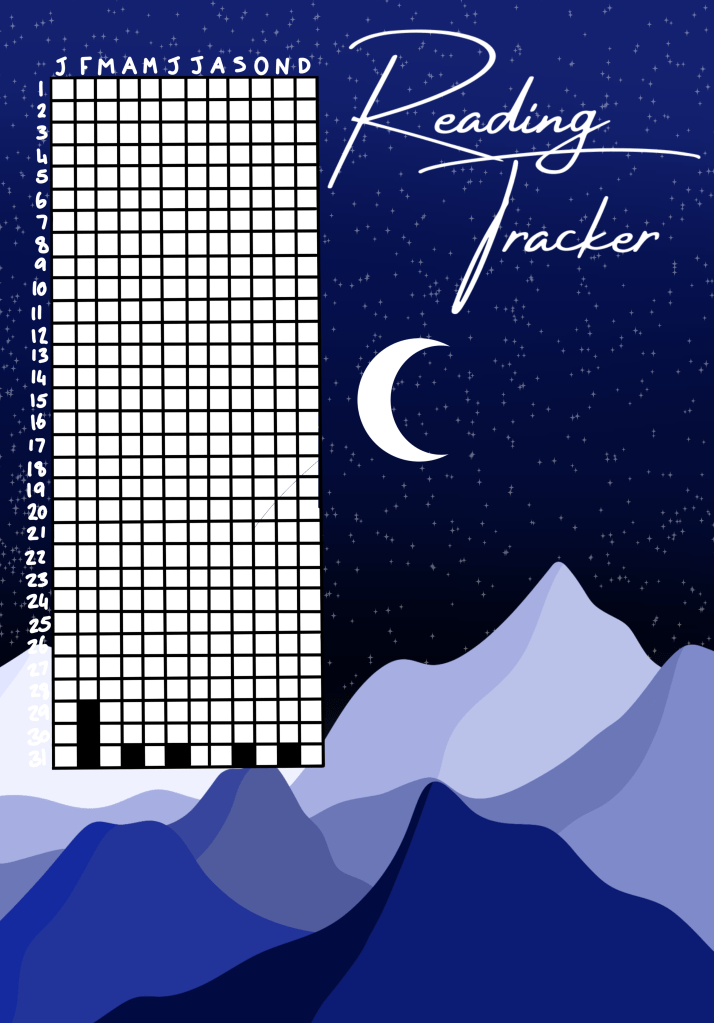 Image Description
Title: Reading Tracker
A Mountain Range in the foregound with a stary key behind and a crescent moon in the middle. To One side is a grid where is there is a square for each day of the year with months along the top and dates down the side.