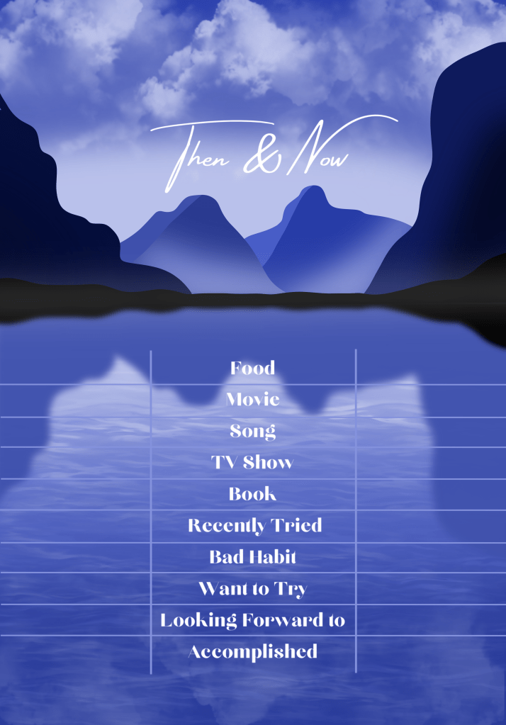 Image Description
Title: Then & Now.
Drawing of a mountain range with an ocean in the foreground. The mountains are also reflecting in the ocean and there are fluffy clouds in the sky. At the bottom is a list of items with a space on the left & right to write in the answers at the beginning and end of the year. List includes Food, Movie, Song, TV Show, Book, Recently Tried, Bad Habit, Want to Try, Looking Forward to & Accomplished.