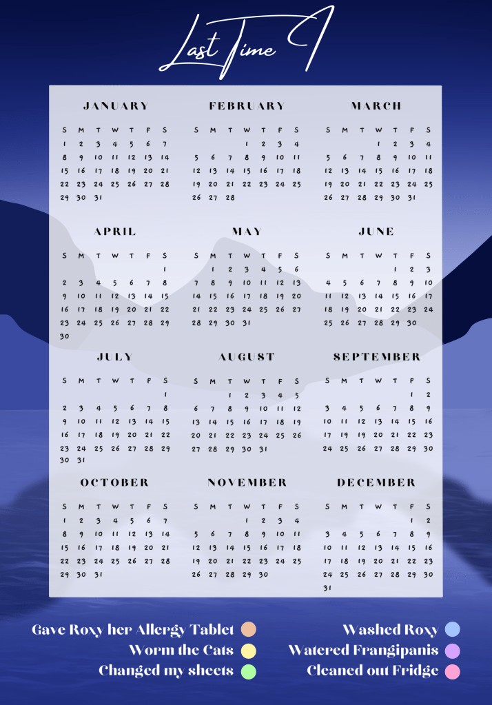 Image description
Title: Last Time I
A Mountain Range with an ocean in the foreground reflecting the mountains. A full 2023 year calendar in the middle and along the bottom is a key featuring: Gave Roxy her Allergy Tablet, Worm the Cats, Changes my sheets, Washed Roxy, Watered Frangipanis & Cleaned Out Front with a colour assigned for each task